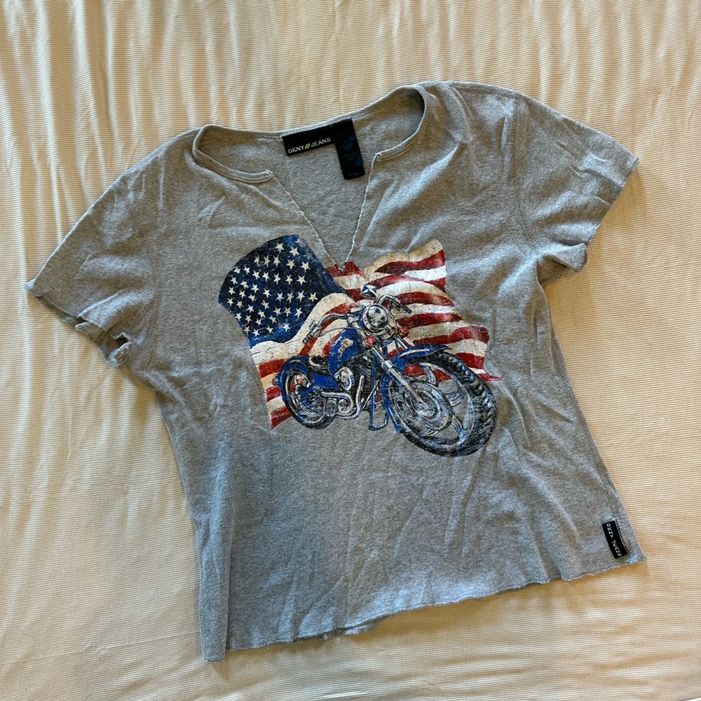 Dkny Gray Tee with American Flag & Motorcycle Graphic